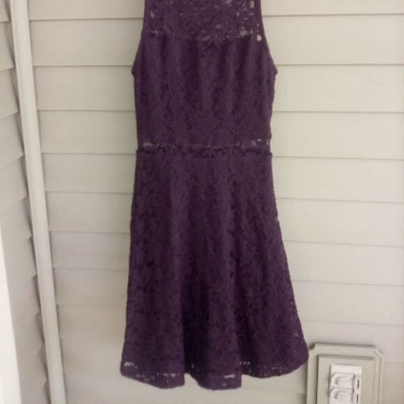 Garage Brand Mini Skater Dress Lace Eggplant Color Sheer Neck and Waist size XS - Picture 2 of 7